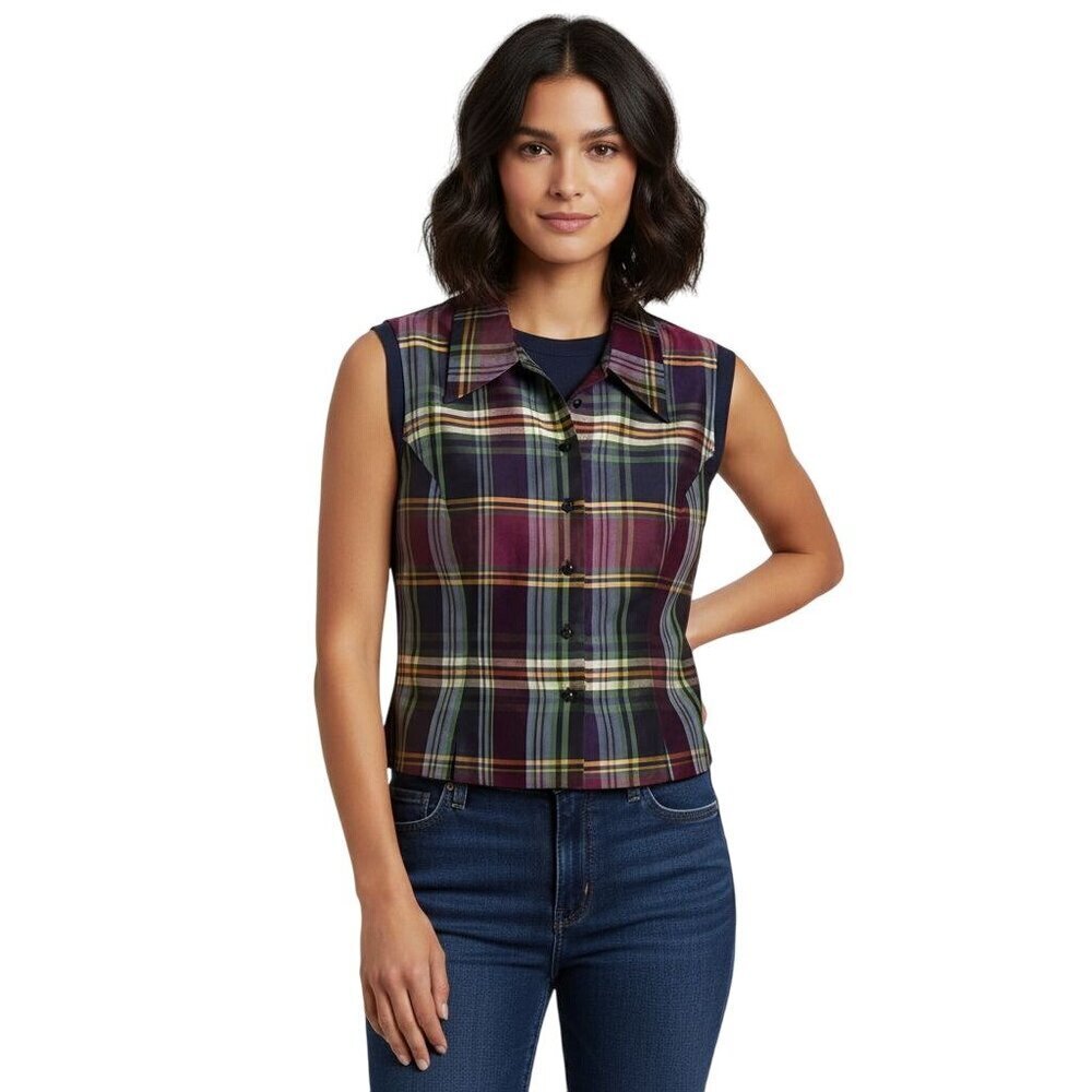 Ice Vintage Plaid Autumnal 100% Silk Button Down Collared Vest Trending Size M